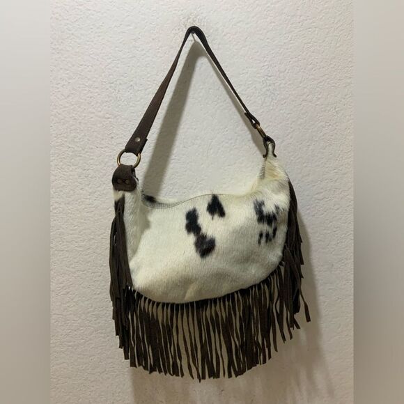 Maurizio Taiuti Handbags - Maurizio Taiuti White and Dark Brown Fringe Cowhide Shoulder Tote